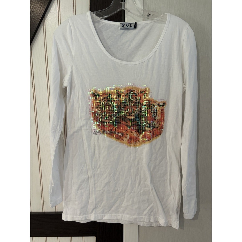 POL Women's White Long Sleeve T Shirt Tiger Sequin Graphic Print Top Large